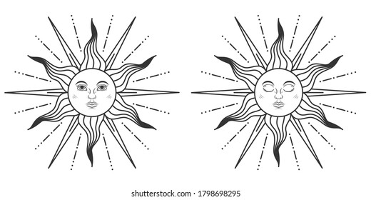 Pair of suns with open and closed eyes in medieval style isolated on white background. Vector illustration