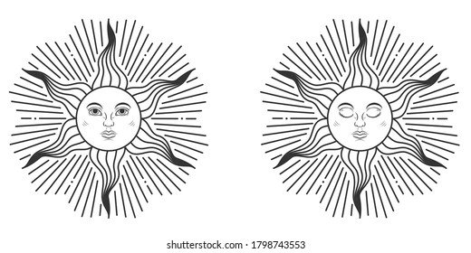 Pair of suns with open and closed eyes in medieval style isolated on white background. Vector illustration