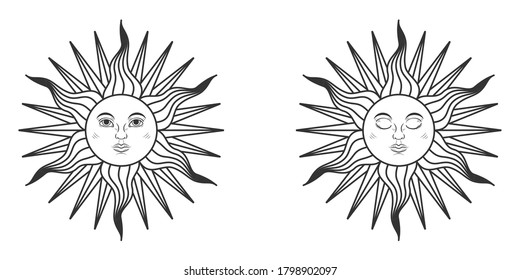 Pair of suns with open and closed eyes in medieval style isolated on white background. Vector illustration