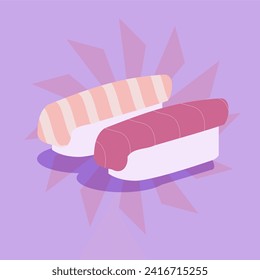 Pair of Sushi Pieces, Salmon and Maguro on Purple Background, Flat Style Illustration