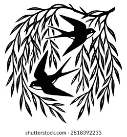 Pair of swallow birds flying around elegant willow tree branch, black silhouette vector, nature design illustration set.