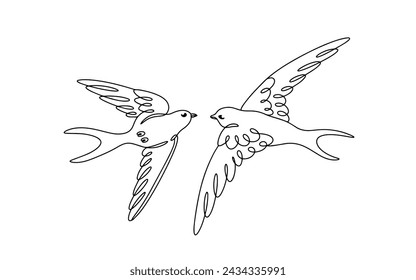 A pair of swallows flutters in the sky. Small birds with a long forked tail. Migratory birds. Vector. Images produced without the use of any form of AI software at any stage.