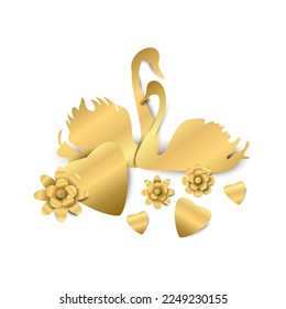 Pair of swans , a heart , flowers on a white background in the style of a paper cut made of gold foil . Template, element for greeting cards, invitations, elements for design