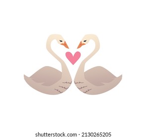 Pair of swans in love forming heart shape with their necks, flat vector illustration isolated on white background. Cute animals for Valentine's Day card and love theme.