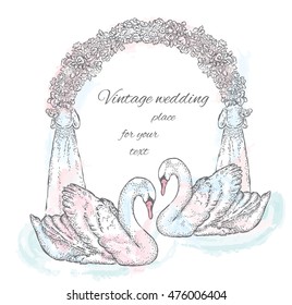 A pair of swans near the wedding arch. Vector illustration for a card or poster. Wedding.
