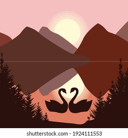 A pair of swans, on a lake, against the background of mountains and the sun.