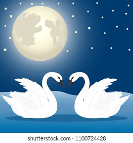 A pair of swans. Swan. Swans in the background of the moon. Wedding invitation. Vector illustration
