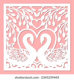 Un par de cisnes, árboles y un corazón. Plantilla para corte láser de papel, cartón, madera, metal. Para el diseño de sobres de bodas, invitaciones, tarjetas, menús y demás. Composición cuadrada. Vector