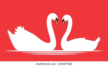 A pair of swans. White swan. Flat design.Vector illustration. Love of two swans 