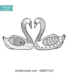 A pair of swans zentangle stylized. Vector illustration drawn by hand in pencil. Zen art.