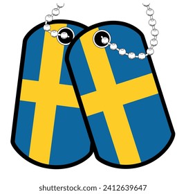 A pair of Swedish military dog tags with chain over a white background showing the Sweden national flag