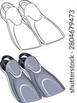 A pair of swimming flippers presented in both black outline and colored vector styles
