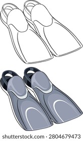 A pair of swimming flippers presented in both black outline and colored vector styles