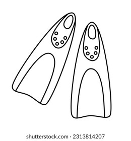 Pair of swimming Flippers sea diving equipment outline black and white doodle drawing. Contour line vector illustration on white background, coloring book page element