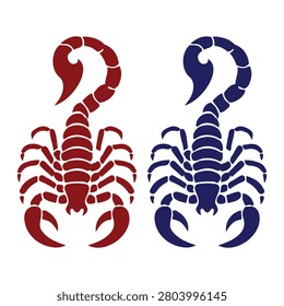 Pair of symmetrical arachnid illustrations featuring stylized predatory insects, bold scorpion tattoo art concept, dangerous desert creatures on white.