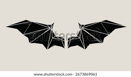 A pair of symmetrical, black bat wings rendered in a modern, geometric, low-poly style with white lines, set against a plain light gray background.