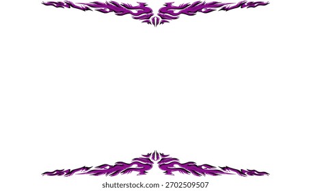 A pair of symmetrical, decorative borders in vibrant purple and magenta. The design resembles tribal flames with a glossy, metallic finish, isolated on a white background with copy space.