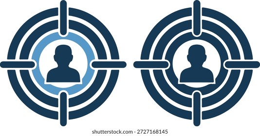 Um par de ícones de destino apresentando pessoas em um layout de círculo concêntrico com uma mistura de azul escuro e azul claro em um fundo branco