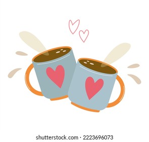 Pair of tea and coffee mugs. Hand drawing of a cup of tea for tea drinking on a white background. Cartoon cup with cute design. Ceramic tableware for decoration, packaging, restaurants, cafes. Vector