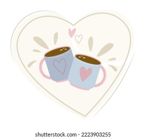 Pair of tea and coffee mugs. Hand drawing of a cup of tea for tea drinking on a white background. Cartoon cup with cute heart shaped design. Dishes for decoration, packaging, restaurants, cafes Vector