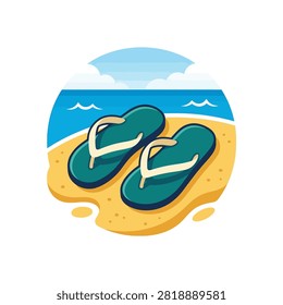 A pair of teal colored flip flops with white straps resting on a sandy beach.