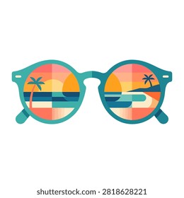 A pair of teal-framed round sunglasses with a stylized reflection of a tropical beach at sunset, featuring palm trees and a vibrant geometric ocean and sky.