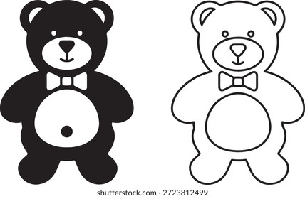 Un par de iconos de oso de peluche, uno negro sólido con un vientre blanco y un lazo, el otro un contorno a juego, elegante y dulce.