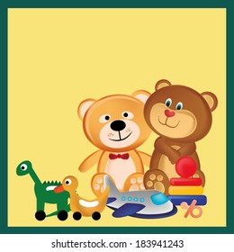 a pair of teddy bears and some other toys in yellow background