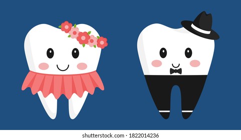 A pair of teeth characters. Cute girl in a dress and with a wrap, boy in trousers and hat. The design elements in funny cartoon style.Pediatric dentistry. Healthy teeth. Isolated on dark