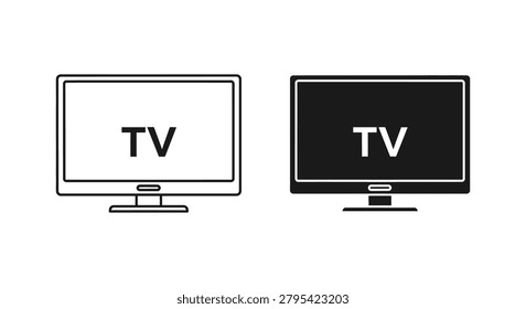Pair of television featuring a flat screen display with the text tv centered on the screen, presented in both a simple black outline style and a solid black filled silhouette version on white