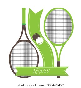 Pair of tennis racket, a ribbon with text and tennis balls on a white background