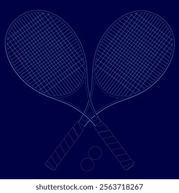 Pair of tennis rackets are shown in a blue background. The rackets are positioned in a way that they look like they are holding a tennis ball. Concept of playfulness and sportsmanship