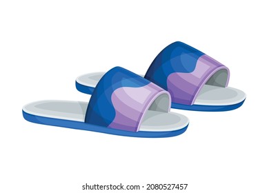 Pair of textile slippers, soft comfortable footwear for home, flip flops shoes cartoon vector illustration