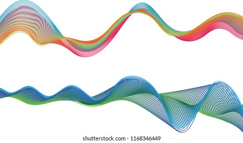 A pair of thin double-layered ribbon waves with the top ribbon in a gentle flow of summer colors and the bottom ribbon in rolling lines of blue and green.