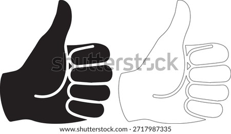 A pair of thumbs up hand signs, one filled black and one outlined with dots, on a pure white background