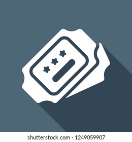 Pair tickets for cinema, bus or airplane. Coupons with stars, simple icon. White flat icon with long shadow on blue background