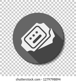 Pair tickets for cinema, bus or airplane. Coupons with stars, simple icon. flat icon, long shadow, circle, transparent grid. Badge or sticker style