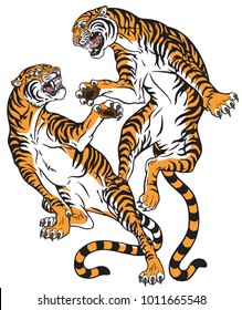 pair of tigers in the battle . Two fighting big cats . Tattoo style vector isolated illustration 