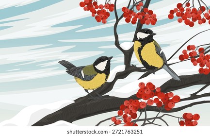 A pair of tits perch on rowan branches covered with large red berries. Small birds in winter. Realistic vector landscape.