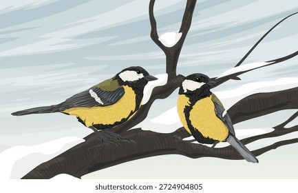 Um par de peitos empoleirados em um galho de árvore na neve. Pequenos pássaros canoras no inverno. Paisagem vetorial realista.