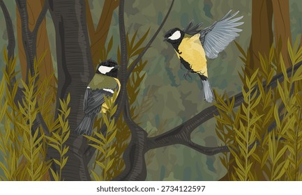 A pair of tits perched on a tree branch in a green summer forest. Small songbirds. Realistic vector landscape.