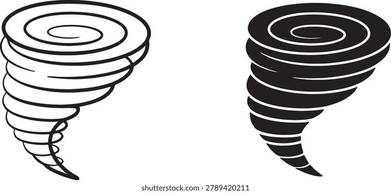 Pair of tornado illustrations presented in two distinct styles: a thin outline version and a solid black filled version. Both designs accurately represent a powerful swirling vortex, useful for depicting weather events, storms, or any concept related to rapid, destructive movement.