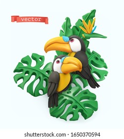 Pair of toucans and tropical leaves. Summer time concept. 3d vector objects. Plasticine art illustration