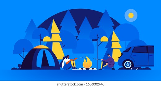 Pair of tourists sitting near bonfire and cooking marshmallow in camping at night. Man and woman at forest campsite or campground with tents and campfire. Modern flat cartoon vector illustration.