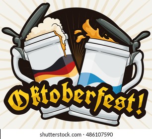 A pair of traditional stein making a toast to celebrate Oktoberfest with delicious beer.