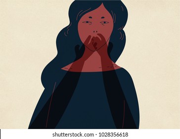Pair of translucent ghostly hands covering mouth of young woman. Concept of inability to tell about experience of sexual abuse, assault, violence, psychological problem. Colorful vector illustration. Pair of translucent ghostly hands covering mouth of young woman. Concept of inability to tell about experience of sexual abuse, assault, violence, psychological problem. Colorful vector illustration.