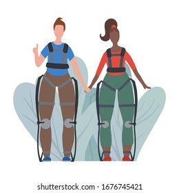 Pair of transnational happy healthy people in exosuits on abstract leaves. Innovation in medicine. Exoskeleton for people with disabilities. Vector flat image for articles and your creativity.