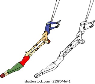 Pair of trapeze artists swinging through air. Hand drawn vector illustration.
