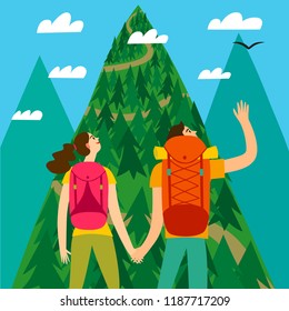 A pair of travelers with a large backpacks looking at the mountain. Romantic backpacker illustration for your design.