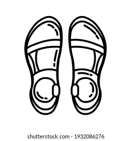 Pair of trekking sandals flat line icon. Camping or hiking element vector isolated image on white background. Glyph pictogram for web, mobile, infographics
